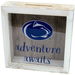 wood and plexiglass money box with Penn State Athletic Logo, adventure awaits